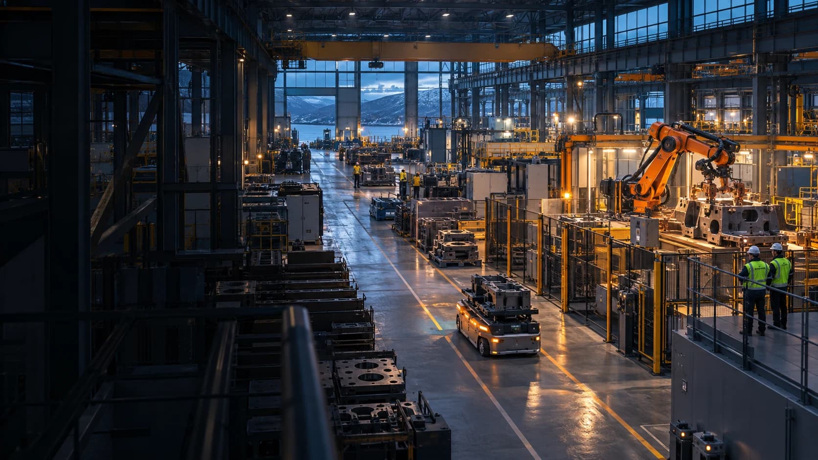 Conceptual Nordic factory at dusk with a guarded robot work cell, mobile material carrier and engineers