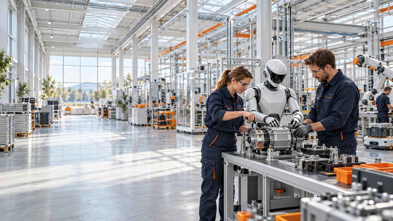 Concept illustration of human engineers and a modern humanoid assembling industrial equipment together in a bright production plant